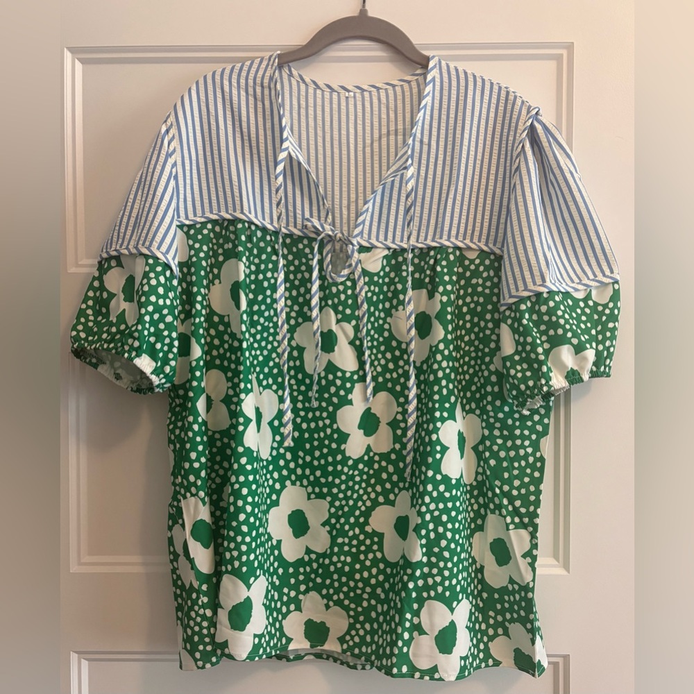 Striped‎ Blue and Green Floral Blouse